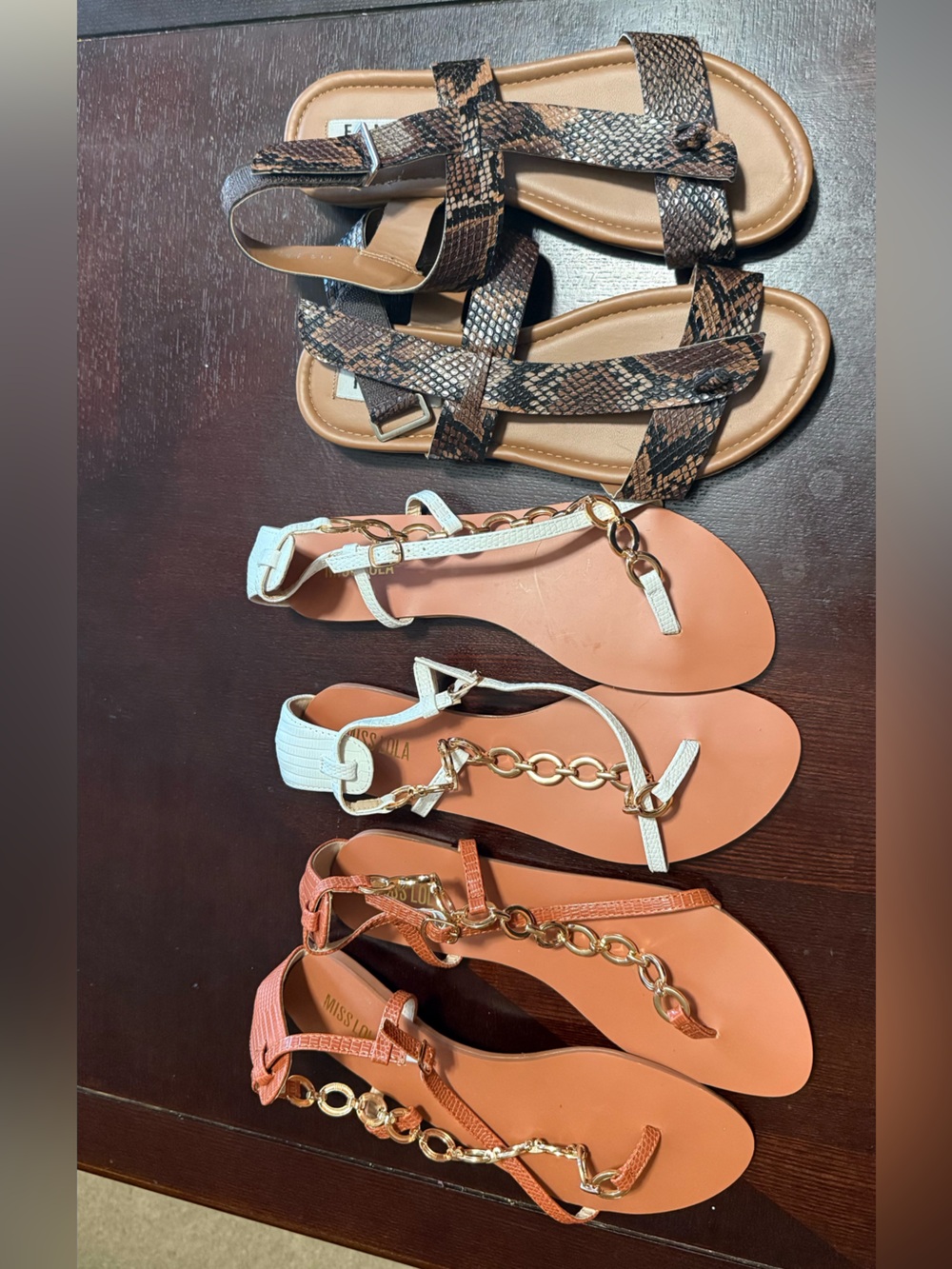 Bundle Miss Lola White and Coral T-Strap Sandals with Gold Chain and Snake Print